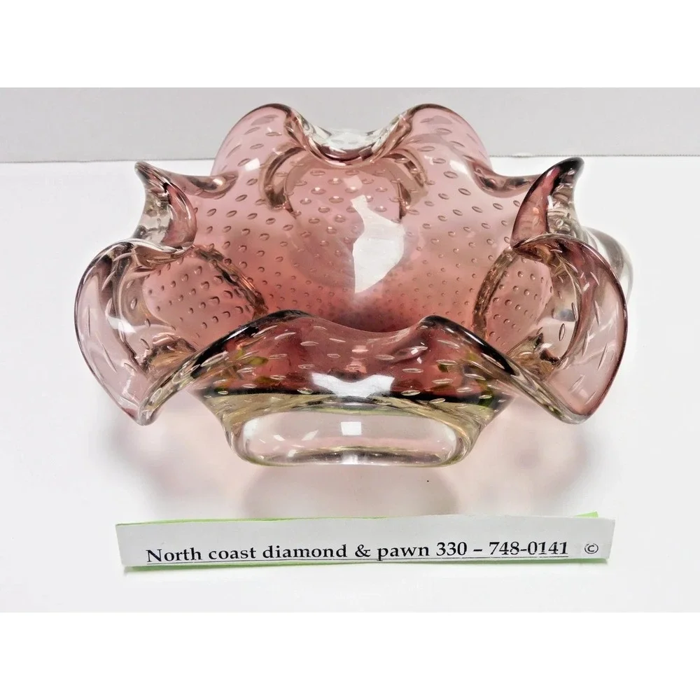 VTG Cranberry Murano Style Bullicante Art Glass Ruffled Bowl Purple 7 inch JC123